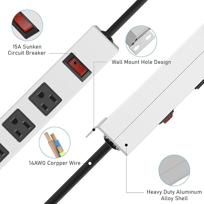 JUNNUJ Metal 16 Outlet Power Strip, Mountable Heavy Duty Power Strip, 1200J Surge Protector Wall Mount Screws Outlet with Switch, Gaming Desk Strips Wide Spaced 15A 125V 1875W, 3 FT 14AWG Power Cord