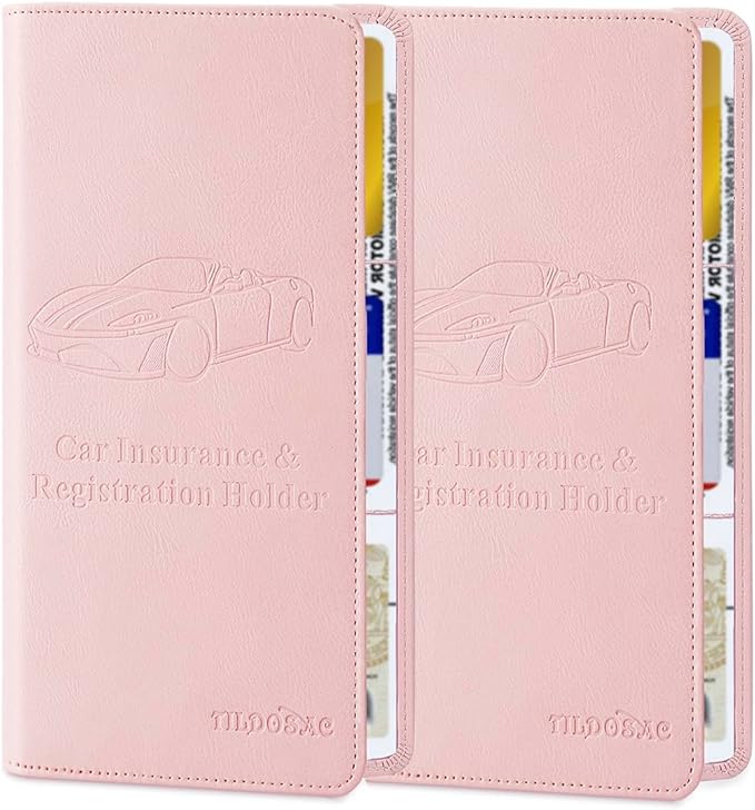TILDOSAC 2Pack Leather Car Registration and Insurance Card Holder, Car Document Holder for Cards License with Magnetic Shut (Pink)
