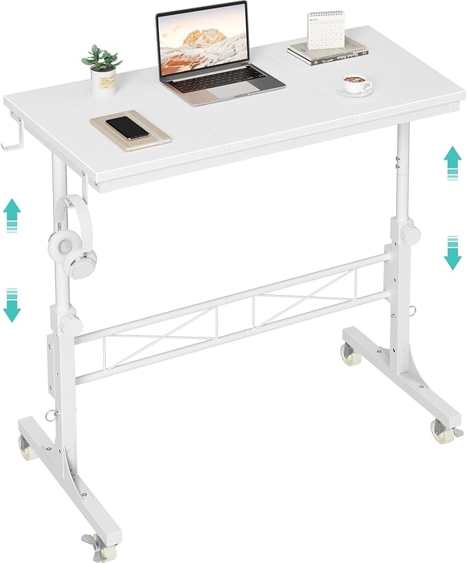 WINAZ Small Portable Treadmill Walking Pad Desk on Wheels, 32 Inch White Adjustable Height Mobile Rolling Standing Teacher Desks, Couch Sofa Side Laptop Stand Up Table for Bedroom, White