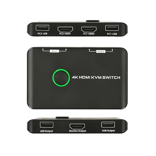 4K KVM Switch HDMI 2 Port Box - KVM Switch for 1 Monitor and 2 Computers 4K@60Hz for Sharing Monitor, Keyboard, Mouse, Hard Drives, and Printer – Includes 2 HDMI & USB Cables, and One-Button Swapping