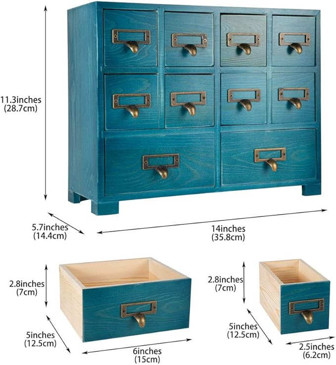 Apothecary Cabinet with 10 Drawers & Labels Rustic Library Card Catalog Cabinet Desktop Wooden Storage Box for Organize Herbal、Tea Bag、Jewelry (Blue)