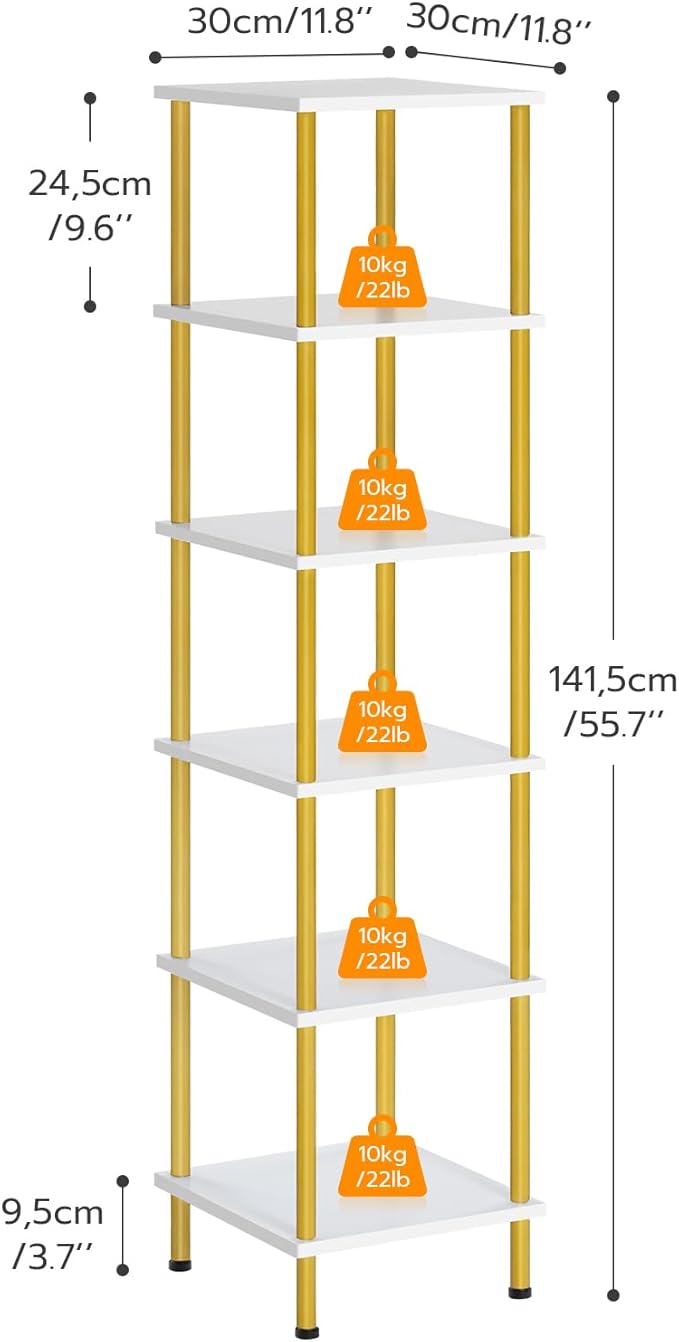 HOOBRO 6-Tier Corner Shelf, Corner Square Rack Display Shelf, Tall Storage Rack Plant Stand, Bookcase for Small Spaces, Living Room, Home Office, Kitchen, White and Gold DW55CJ01