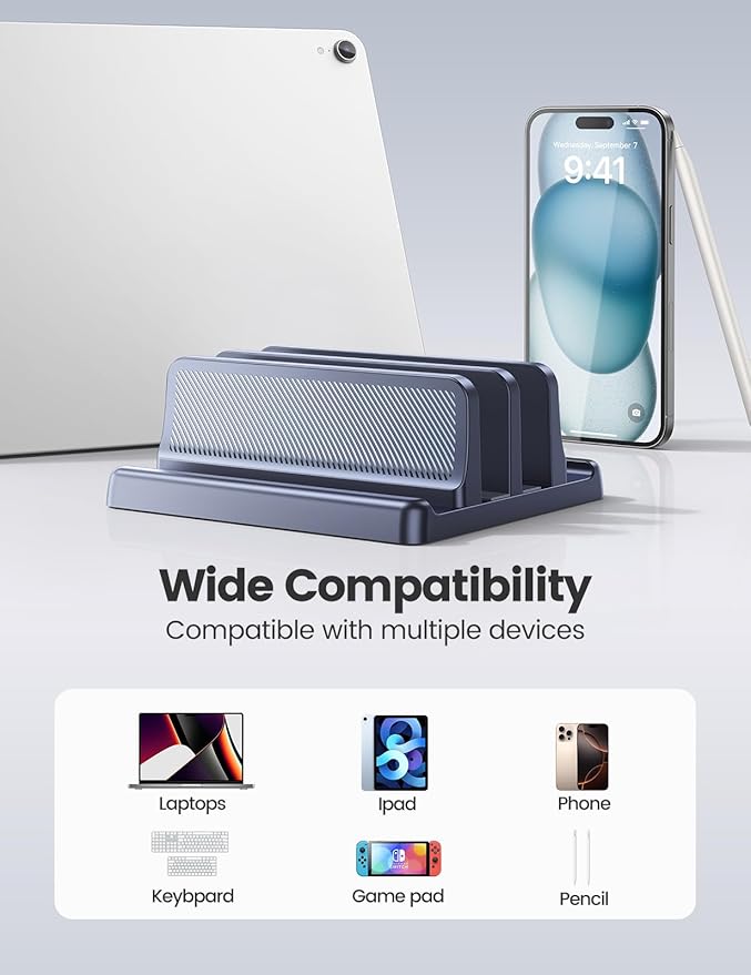 EAXBUX 3 in 1 Vertical Laptop Stand Holder,Adjustable ABS Plastic Laptop Organizer Desktop Management Notebook Dock,Vertical Laptop Stand Space Saving for MacBook,Surface,Samsung,HP,Dell,Chrome Book