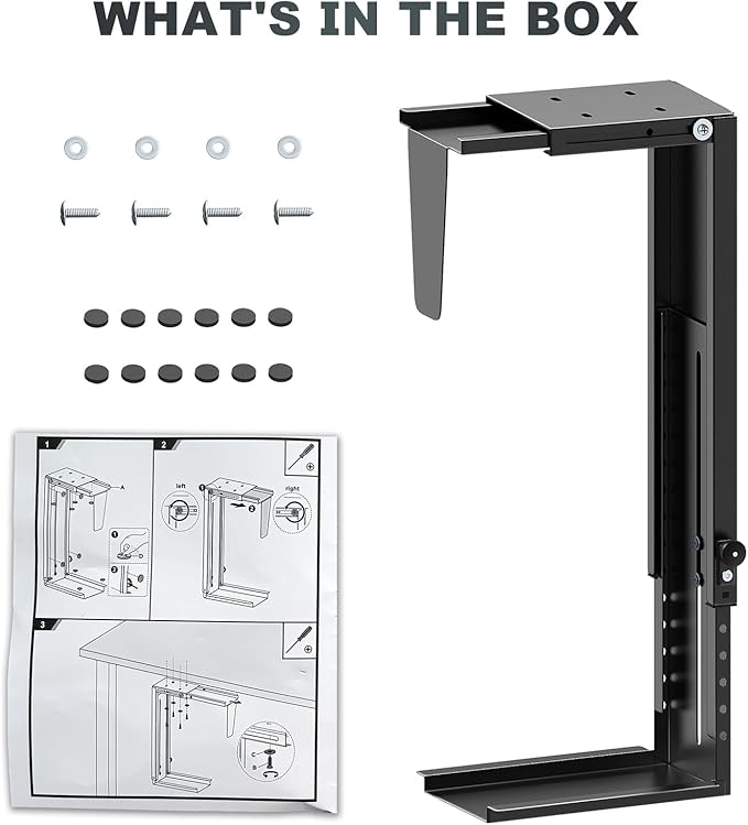 Under-Desk PC Mount - Adjustable PC Tower Holder 8 1/4"-12 15/16" inch Wide, Supports CPU up to 50 lbs, Steel Computer Case Bracket with Protective Padding, Black
