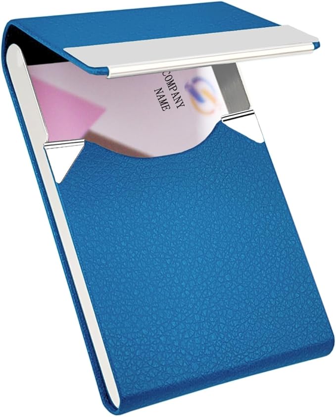 Business Card Holder with Ultra Slim Design,Business Card Case with Premium PU Leather,Suit Pocket Metal Card Holder for Women/Men,Professional Name Card Holder with Magnetic Shut(GrayBlue)