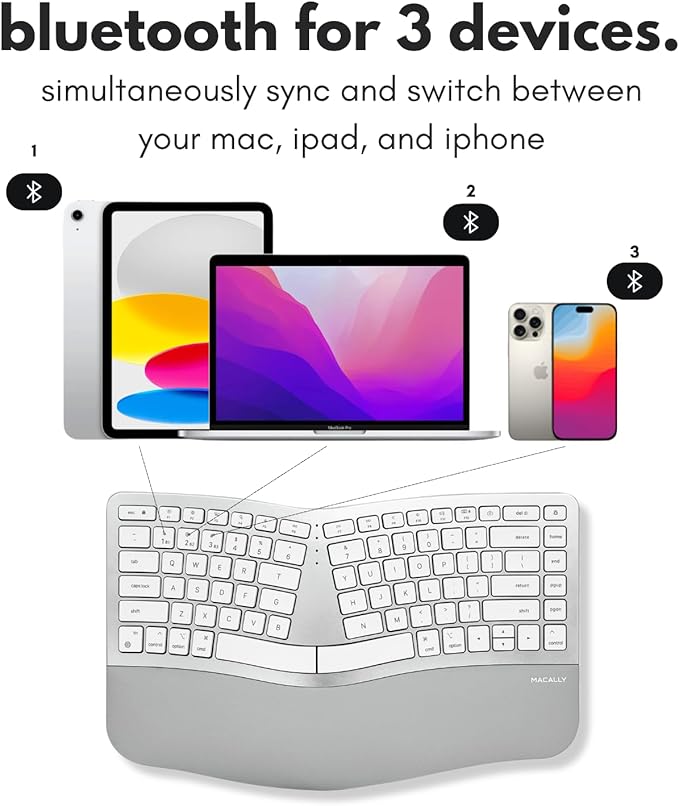 Macally Ergonomic Keyboard for Mac Wireless, Split Bluetooth & USB-C+A Wired Dual Mode Keyboard, Rechargeable Multi-Device Ergonomic Keyboard for MacBook iMac iPad iPhone with Wrist Cushion
