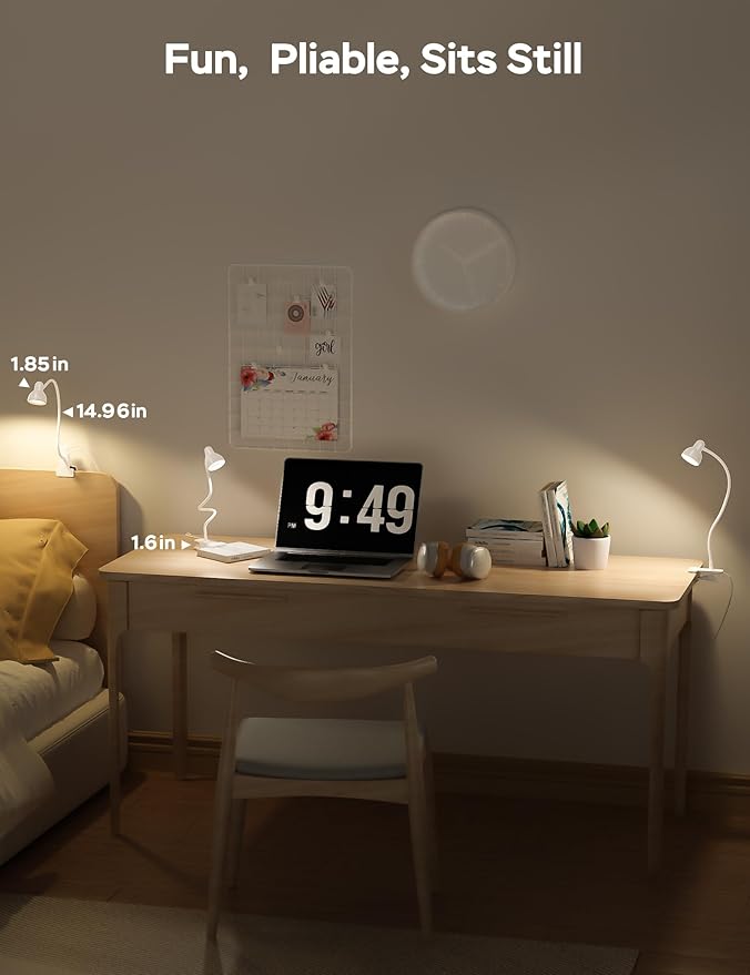LiFMIRA Clip on Lamp USB Reading Light, 3 Color Modes, 10 Brightness Dimmable, Flexible Gooseneck Desk Lamp with Clamp, Eye Care Clip on Light for Bed Desk Headboard Home Dorm White