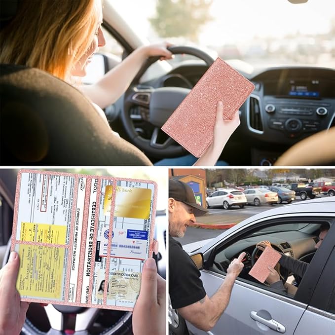 TILDOSAC 2 Ppack Leather Car Registration and Insurance Card Holder, Car Document Holder for Cards License with Magnetic Shut(Glitter Pink-Ear