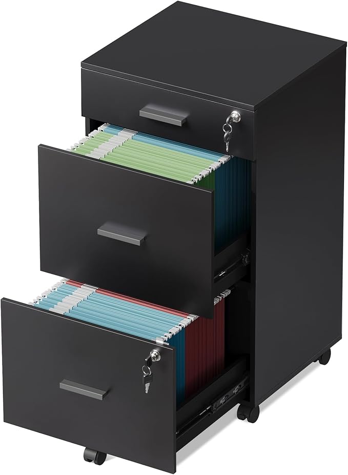 DEVAISE 3 Drawer Rolling File Cabinet with Lock, Wood Filing Cabinet fits Letter / A4 Size for Home Office, Black
