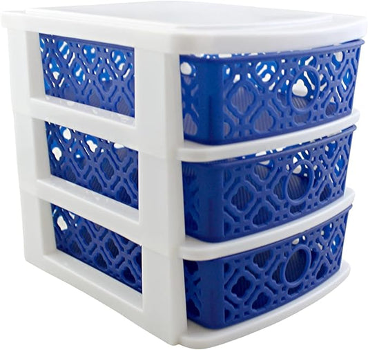 3 Drawer Basket Weave Mini Plastic Organizer Makeup HBA Cosmetics Arts & Crafts Desktop Stationary (Blue)