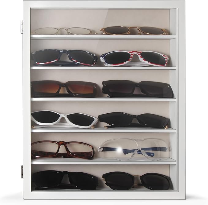 TJ.MOREE Sunglasses Organizer Storage Wall Mounted: 13 x 15.6 inches Eyewear Display Case 6 Tier Rustic Wood Eyeglasses Holder Large Glasses Storage Box, White
