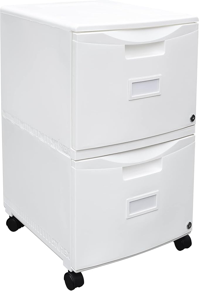 Storex Plastic Two-Drawer Mobile Pedestal File Cabinet – Locking Document Organizer with Casters for Home and Office, White, 1-Pack (61316A01C)