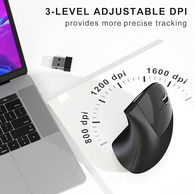 Wireless Ergonomic Mouse,2.4G USB Wireless Vertical Mouse,Adjustable DPI(800/1200/1600),Quiet Clicks,6 Buttons for Laptop,PC,Mac,Desktop – Black
