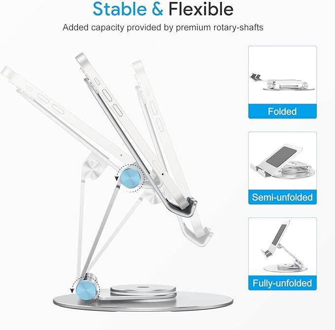 OMOTON T6 Swivel Tablet Stand for iPad with 360 Rotating Base, Foldable Adjustable Holder for Drawing, Compatible with iPad Pro/Air/Mini and More, Silver