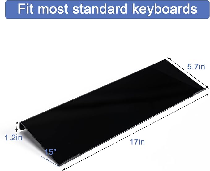 BOOMIBOO Black Acrylic Tilted Computer Keyboard Holder for Ergonomic Typing, Keyboard Stand with Silicone Anti-Slip Strip, 17 x 5.7 Inch Keyboard Tray for Office Desk, Home, School