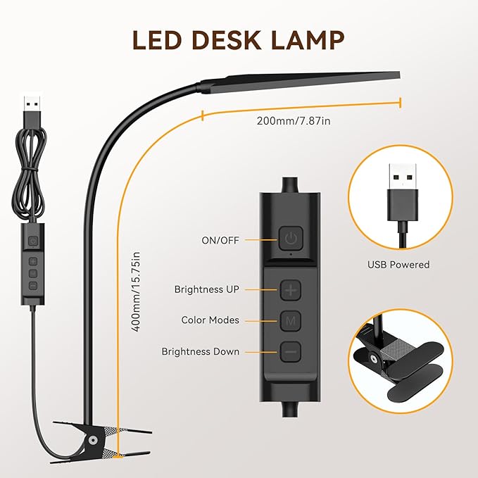 Clip On Desk Lamp, 5 W Rechargeable Reading Light, 400LM Book Light, 6 Level Brightness 3 Color Modes, Adjustable Neck Lamp for Desk, Bedside, Study