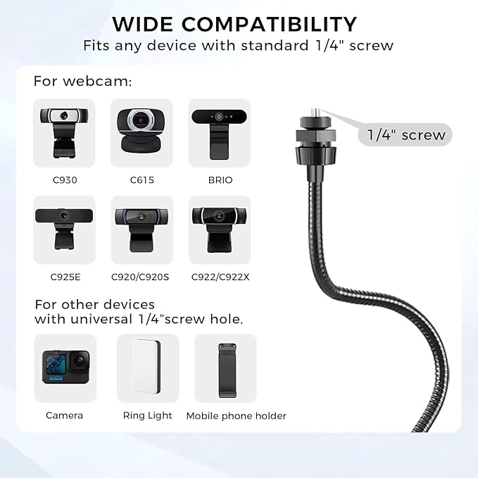 LenTok Webcam Stand Phone Mount for Desk, Gooseneck Desktop Tripod & Tabletop Phone Holder with Clamp & 1/4" Thread, Compatible with Action Camera GoPro C922 C930e C920S C920 615 C960 C920x Brio