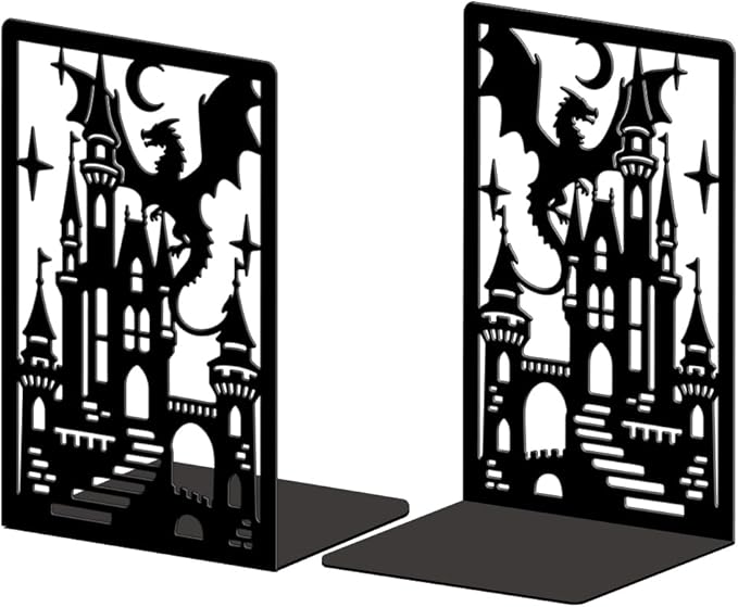 Peacoblue Metal Bookends for Shelves, Modern Decorative Heavy Duty Study Book Ends Stoppers for Office, Desk, Shelf, Room 5.3"x4.3"x7.9" Cast Iron Simple Tall Bookends 1 Pair (Dragon Castle)