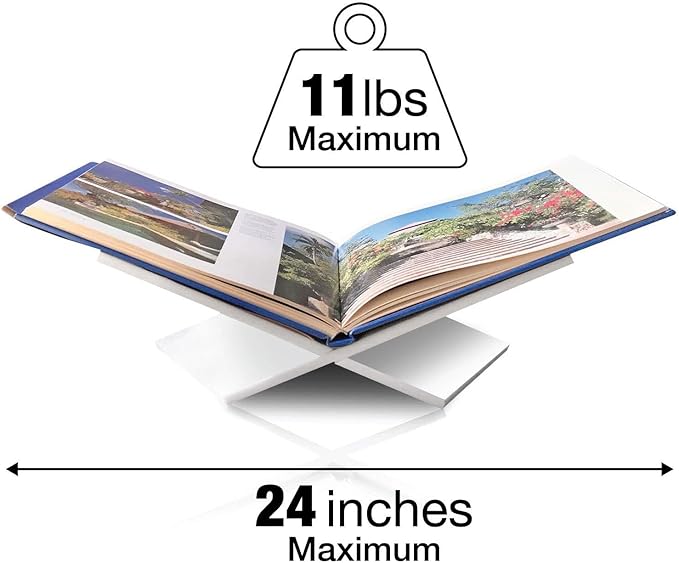 Large White Acrylic Book Stand, 12.5" x 9.5" x 5.5”, Acrylic Book Holder, Open Bookstand for Display and Reading Cookbooks, Art Books, Bibles, Magazines - Home and Office