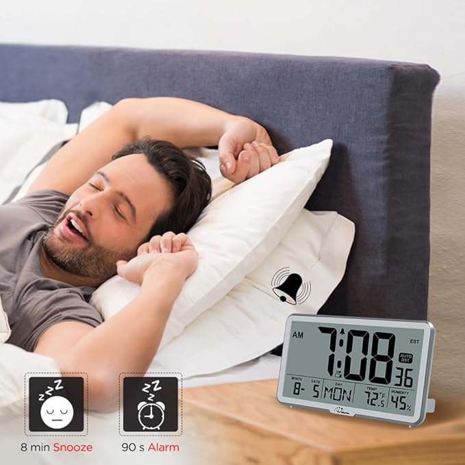 WallarGe Auto Set Digital Wall Clock Battery Operated, Desk Clocks with Temperature, Humidity and Date