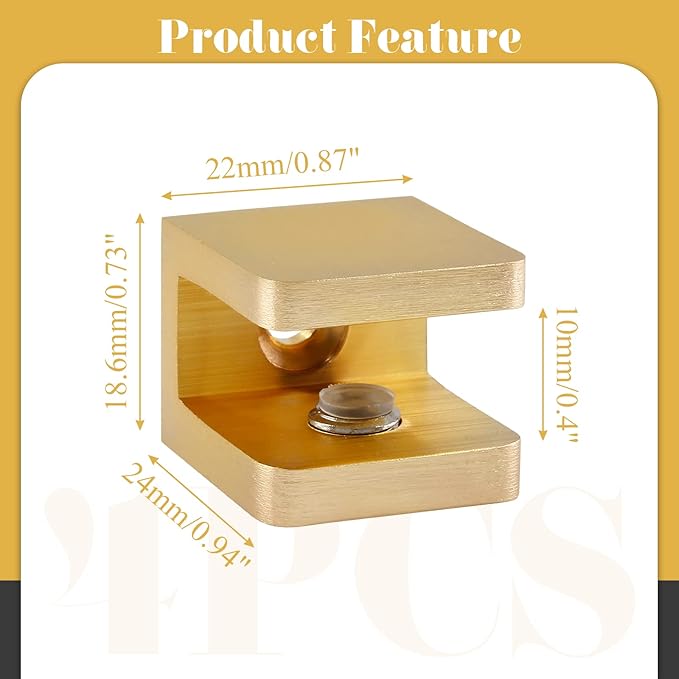 Uenhoy 4 Pcs Glass Clamps, No-Drill-on-Glass Glass Shelf Brackets Clips Adjustable Glass Clip Support for 8mm - 10mm Glass Wood Board, Brushed Gold