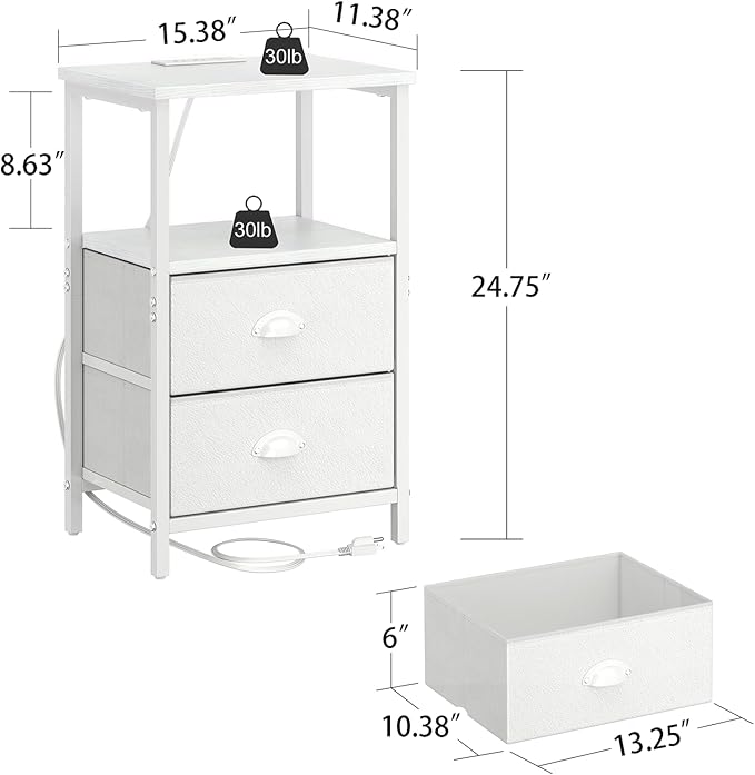 sthmec Nightstand with Charging Station, LED Night Stand Set 2, Bedside Table End Tables Set of 2, Bedroom Tables with 2 Fabric Drawers PU Finish, 3-Tier Storage Side Table for Bedroom,White
