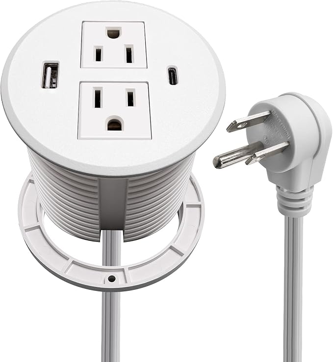 Desk Power Grommet USB C Total 30W, 3.15 Inch PD Fast Charge Desktop Power Strip 2 Outlets 2 USB Ports Recessed Flat Plug Extension Cord Mount into Countertop Shelf Cabinet End Table. (White)