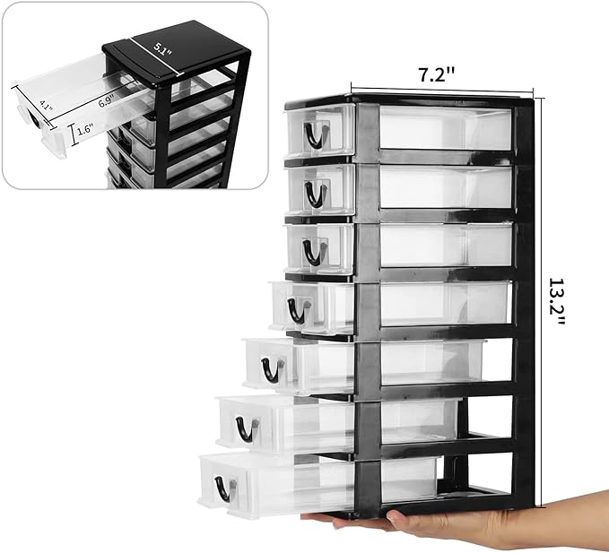 Rempry Mini Plastic Drawers Organizer, 7.1"cx5.1"x13.2" Small Storage Drawers Containers with 7 Clear Drawer Units, Black