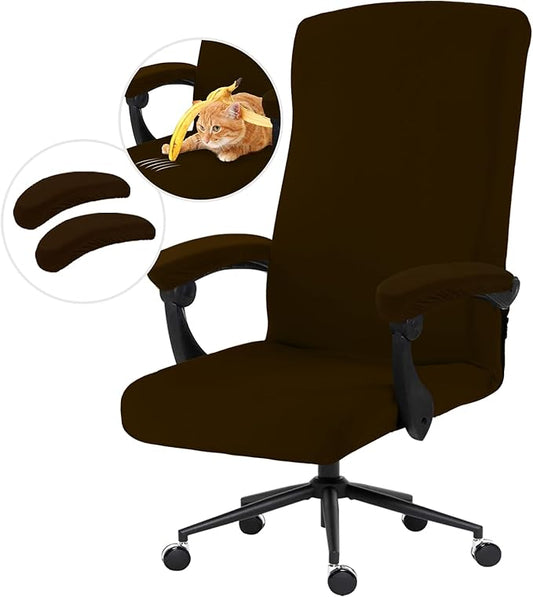 Stretch Computer Office Chair Cover with Armrest Covers Durable Zipper Universal Washable Removable Spandex Rotating Boss Chair Slipcovers Anti-dust Soft Desk Chair Seat Protector, Brown