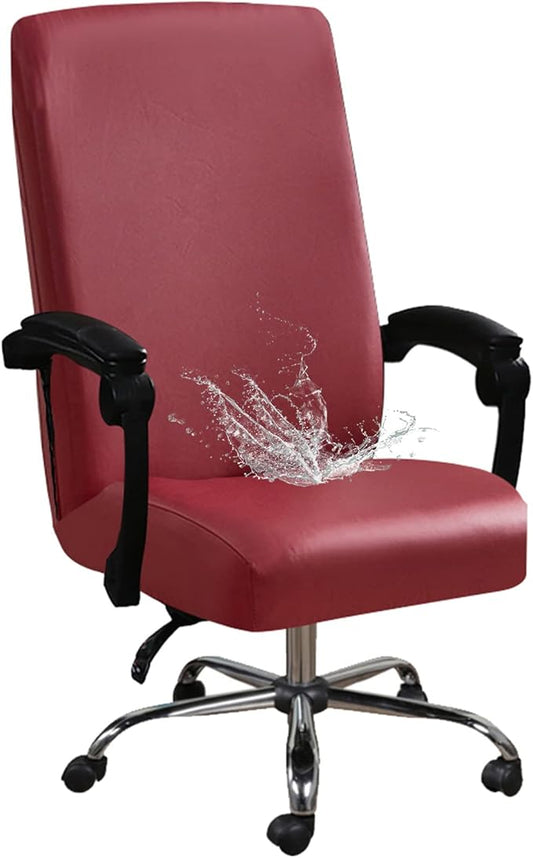 Shukii Waterproof Office Chair Cover PU Leather Computer Seat Covers Stretch Rotating Chair Slipcover with Elastic Bottom Universal Chair Protectors for Rotating Boss Chair (Wine Red, Medium)