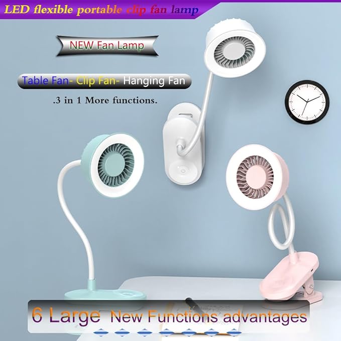 Portable clip and LED lamp 2 in 1 more functions hanging,desktop fan, 4.5W three gears wind speed,two gears led circular lamp high brightness lighting ,touch button with CE FCC certifications (Pink)