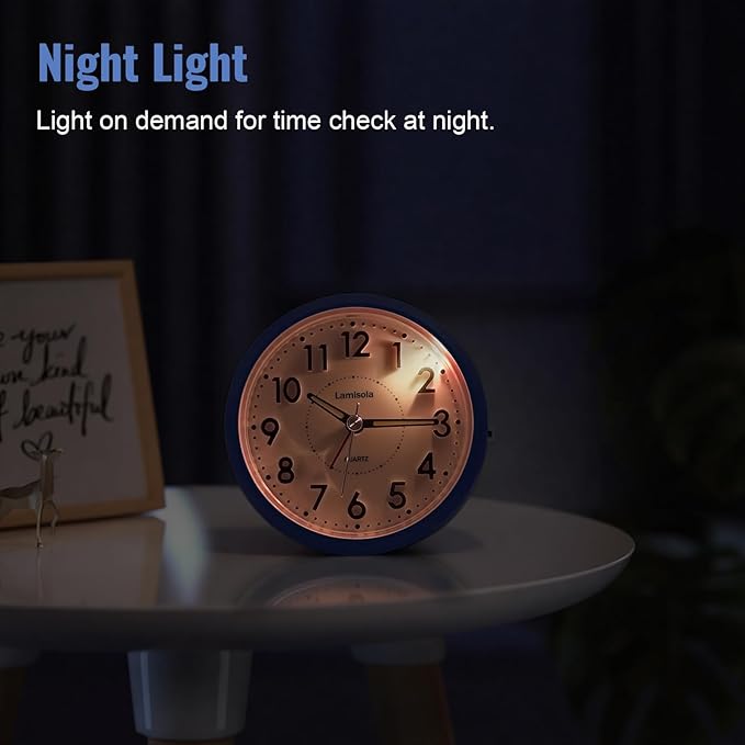 Lamisola Small Desk Clock, Battery Operated Travel Clock, Old School Analog Alarm Clock for Bedroom Home Office Bathroom Kitchen, Silent Large Display- Sapphire Blue
