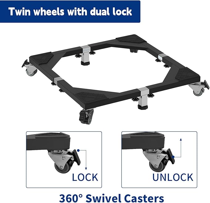 Heavy Duty All Steel Fridge Stand Mobile Base with Wheels Adjustable Washing Machine Stand Multi-Functional Base Furniture Dolly for Refrigerator Washer and Dryer（Black/Large）