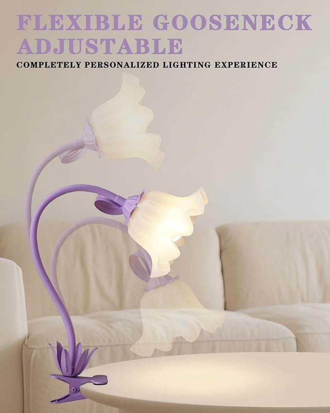 WERFOP Flower Desk Lamp with Clamp - School Dorm Supplies, 3 Color Modes Flower Eye-Caring Clip on Light, Flexible Neck Reading Lamps for Home College Studying Room Bedside (Purple)
