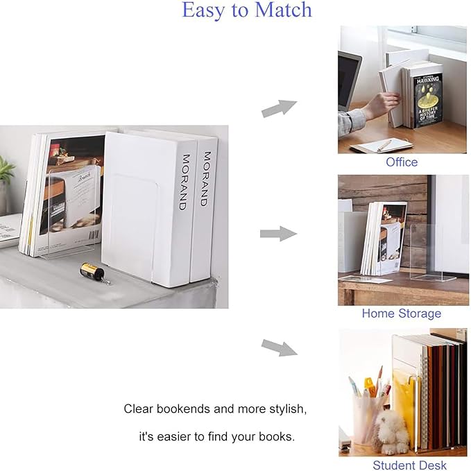 MerryNine Clear Book Ends 14pcs, Acrylic Bookends for Shelves, Non-Slip Bookend Decorative for Heavy Duty Book, Books Holder Stopper for Kids, Bookshelf Dividers Books Organizer for Office Home School