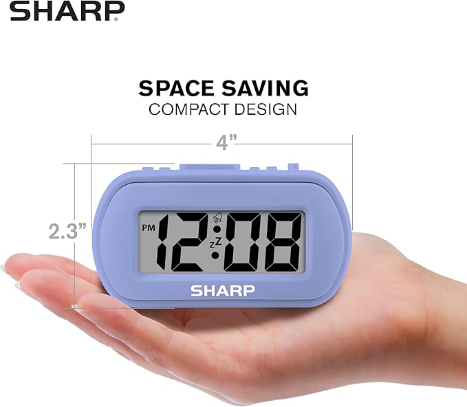 Sharp Digital Alarm Clock – Tactile Case with Soft Rubberized Finish - Battery Operated – Blue Backlight on Demand – Ascending Alarm – Easy to Use – Lavender