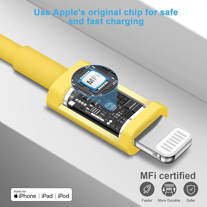 10 Ft iPhone Fast Charger, 2-Pack 20W Super Fast Charger with Long Fast Charging Cable for iPhone 14/13/12/11 Pro Max,14 Plus,Mini,Pro/XS/SE/XR/iPad - Yellow
