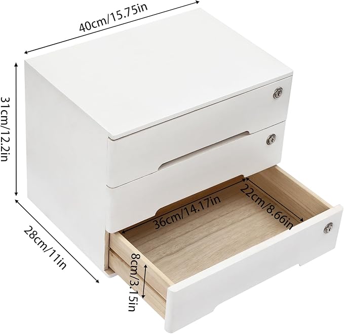 Wooden Desk Organizer with Drawers & Lock, Desktop Countertop Storage Cabinet Lockable Home Office Supplies File Tabletop Organizing Unit (3 Drawers - Modern White)