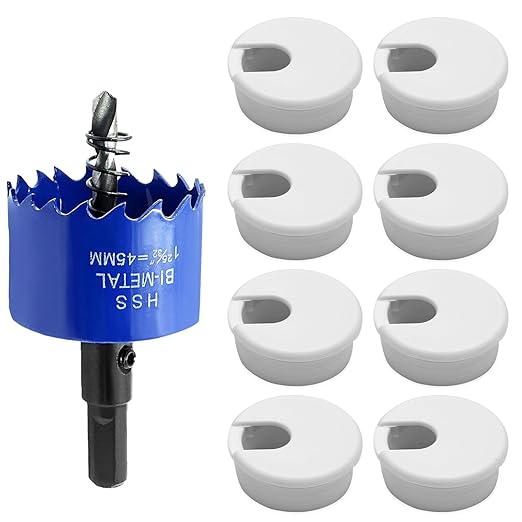 8pcs 1-3/4 Inch Desk Grommet with Drilling Hole Saw, Plastic Desk Hole Cover, White Cable Hole Cover, Desk Hole Grommet for Wire Cord Organizing Office Computer Desk