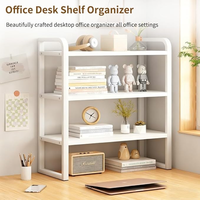 Office Desk Shelf Organizer, Wood Desktop Bookshelf Supplies Storage Rack, Shelf for Top of Desk and Dresser and Cubicle Decor Aesthetic Bookshelf (White Wood-three Tier, 11.81 Lx7.87 Wx22.05 H)