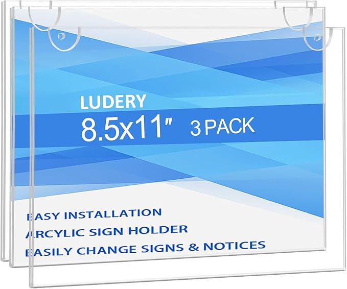 Acrylic Sign Holder 8.5 x 11 Horizontal, Wall Mount Document Holder, Clear Plastic Picture Frame with Tape Adhesive and Screws for Office, Home, Store, Restaurant - 3 Pack