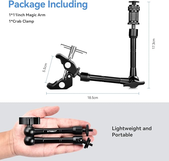 UTEBIT 11" Adjustable Magic Arm with Super Clamp, 360 Ball Heads with ARRI 1/4" & 3/8" Thread Screw for Flash/LED Light/Microphone/Monitor, Compatible with SmallRig Camera Cage, Max Load: 4.4lb/2kg