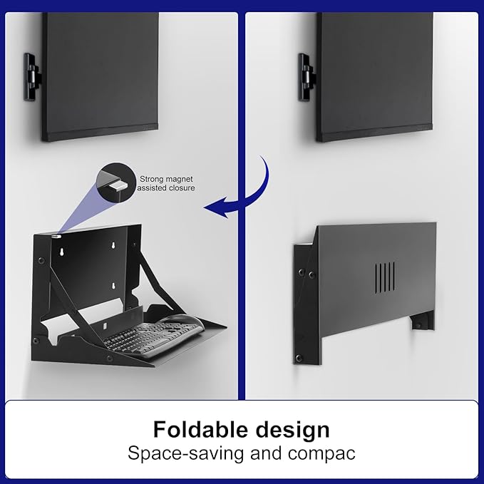2 Pcs 24 Inch Keyboard Wall Mount Foldable Fits Standard Computer Keyboard Mouse Stand Tray Organizer for Small Offices Apartments, Easy Installation with 4 Screws (Black)