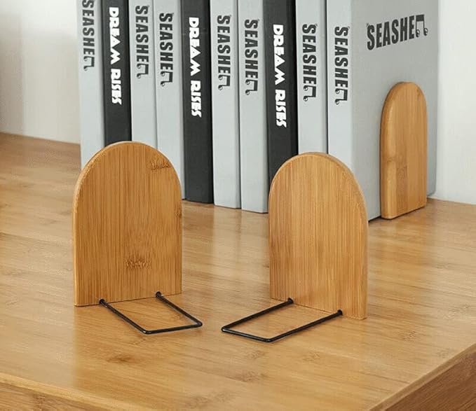 2 Pcs Natural Bamboo Bookend Large Capacity Office Book Ends Anti Slip Book Stand Holder Bookshelf Ends for Home Office Library School Study Decoration