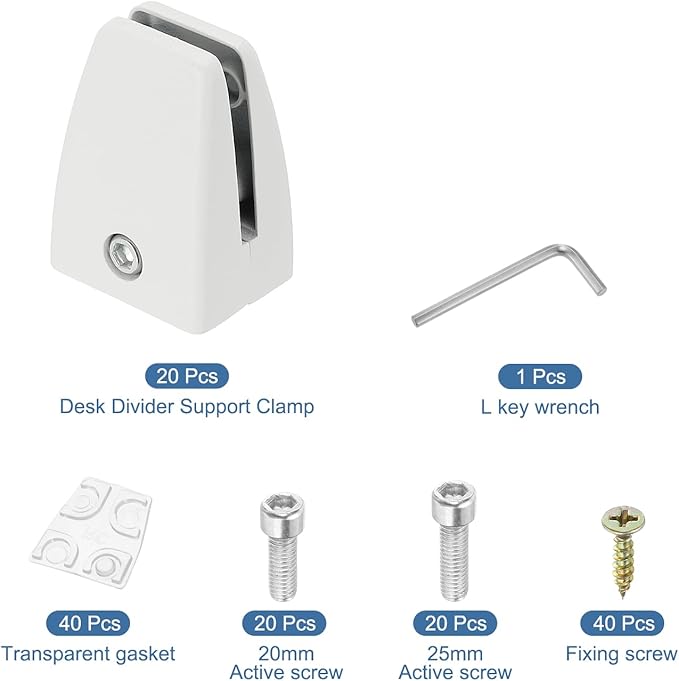 PATIKIL 20Pcs Office Desk Partition Support Bracket, Aluminum Alloy Sneeze Guard Support Clamps Desktop Divider Clips for Offices Stores Counter Privacy Panel, Matte White