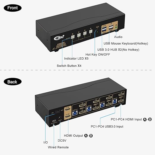 CKL KVM Switch Dual Monitor HDMI 4K@60Hz (2 Monitors 4 Computers 942HUA-3) for Home and Office to Console Desktops/Laptops, Support USB 3.0, Hot Key, Audio, Wireless Keyboard and Mouse