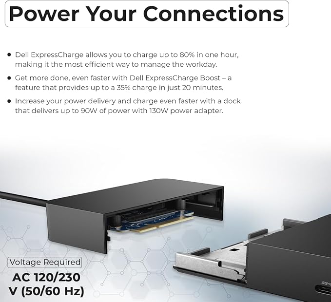 Dell WD19S Docking Station 130W (90W Power Delivery) - Dell Docking Station Dual Monitor for Laptop with 130W Power Adapter + Anyhdd HDMI Cable + DisplayPort Cable + USB-C Cable + Microfiber Cloth