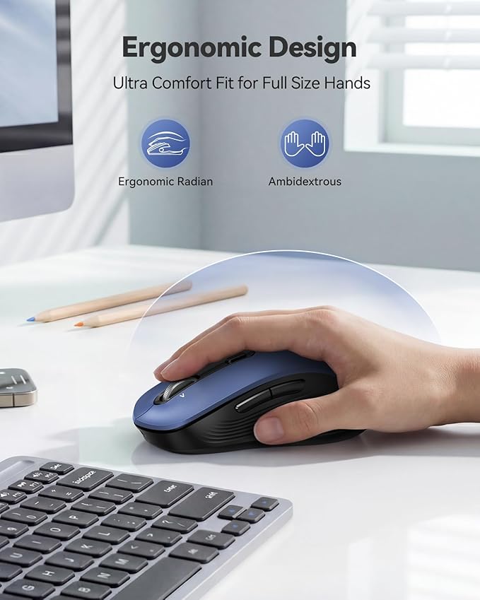 TECKNET Rechargeable Bluetooth Mouse, [ USB + BT5.0 + BT3.0 ] Wireless Mouse, Ergonomic 4-Way Scroll Wheel Computer Mice, 6-Level 4800 DPI Silent Mice, Multi-Device for Computer/Laptop/MacBook (Blue)