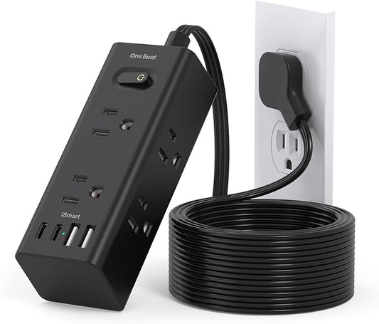 10Ft Extension Cord with Multiple Outlets, Flat Plug Power Strip Surge Protector with 10 Ft Long Cord, 6 Outlet 3 USB Ports (1 USB C), Multi Outlet Wall Plug for Travel, Dorm Room Essentials-Black