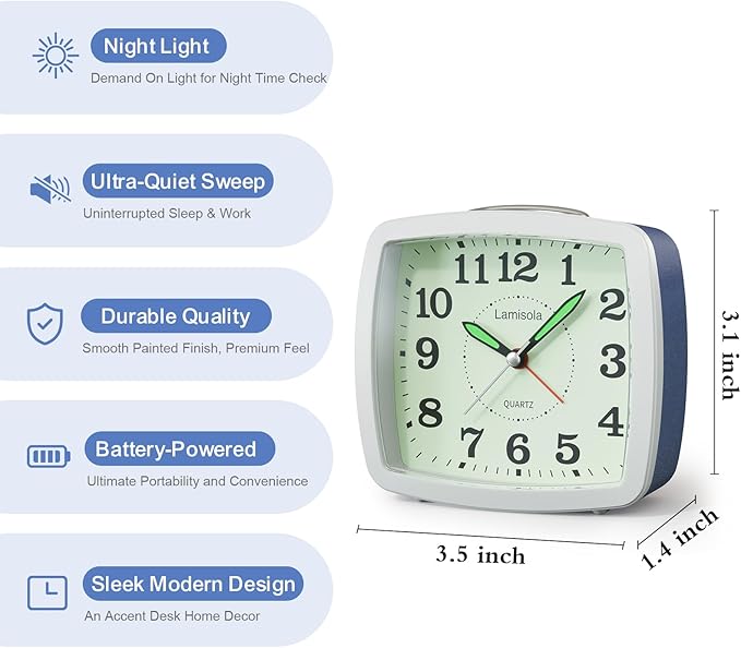 Lamisola Battery Analog Travel Alarm Clock, Small Clock for Bedroom, Desk Table Shelf Clocks for Room Office Bathroom Vanity, Aesthetic Retro Clocks for Kids, Dark Blue